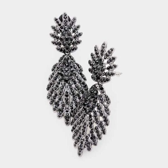 Feather Pave Black Crystal Clip On Earrings - Picture 4 of 6